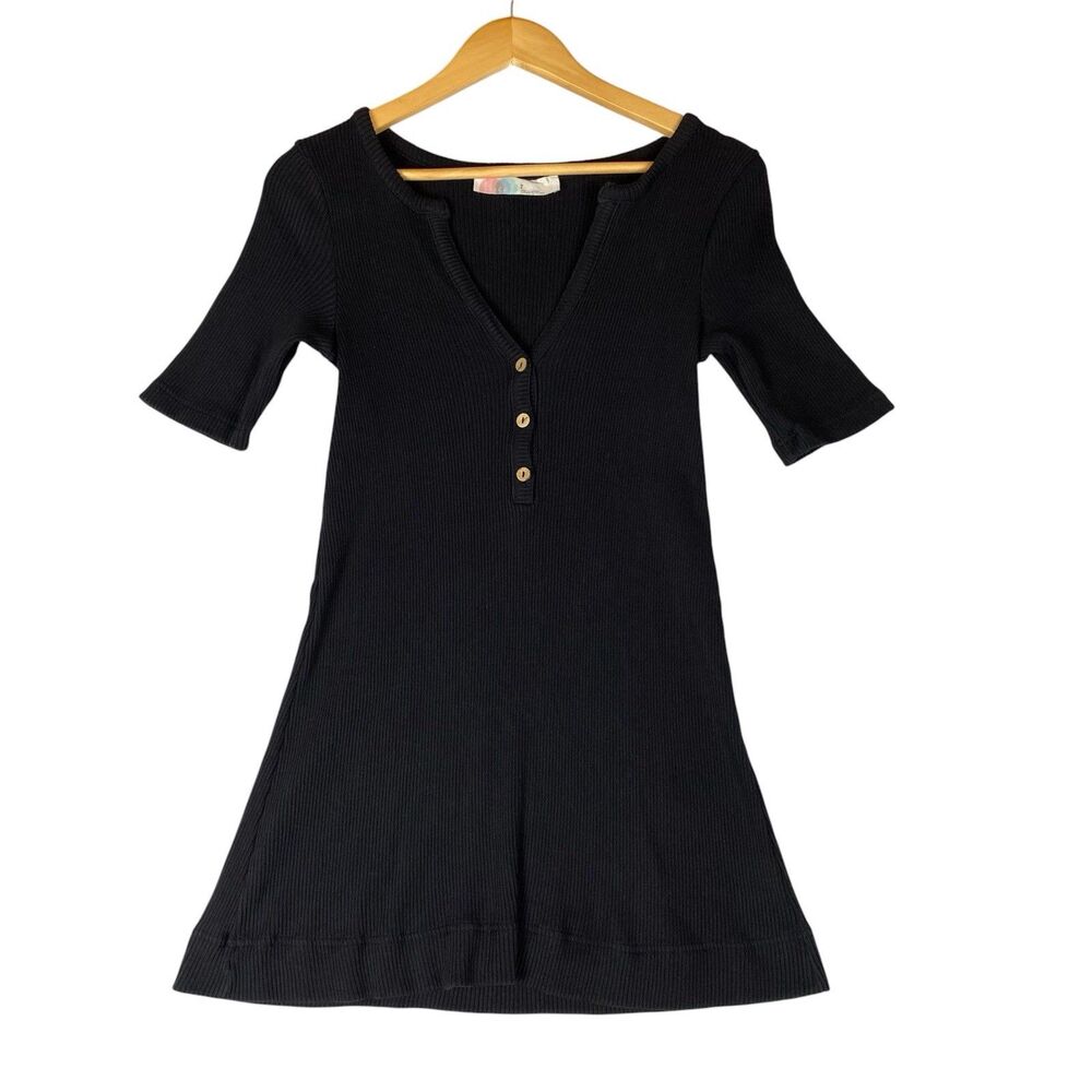 Free People FP Beach Black Ribbed Knit Henley Mini Dress Short Sleeve Cotton  S